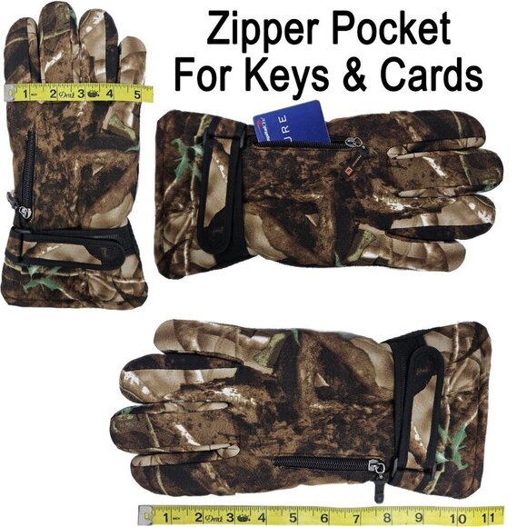 Men Winter Ski Gloves Waterproof, Zipper Pocket, Forest Hunting Camo Snow XXL - Picture 2 of 2